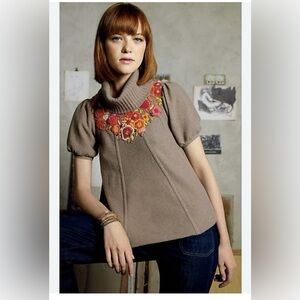 Embroidered Brown short sleeve puff Sweater knitted and knotted Anthropologie xs